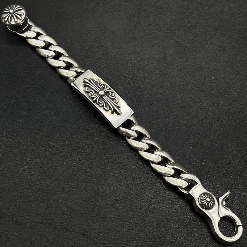 Chrome Hearts Silver Tone Chain Bracelet with Floral and Sword Design